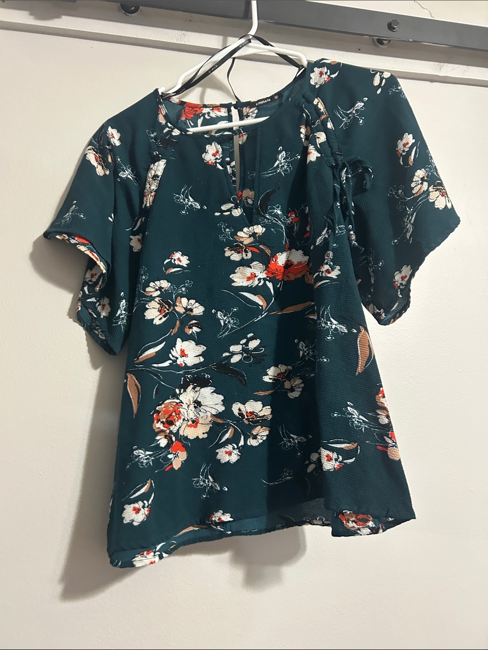 Annabelle Teal Floral Keyhole Blouse